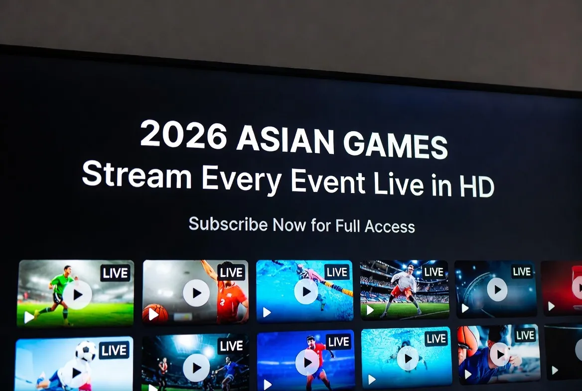2026 Asian Games live streaming menu on a big-screen TV