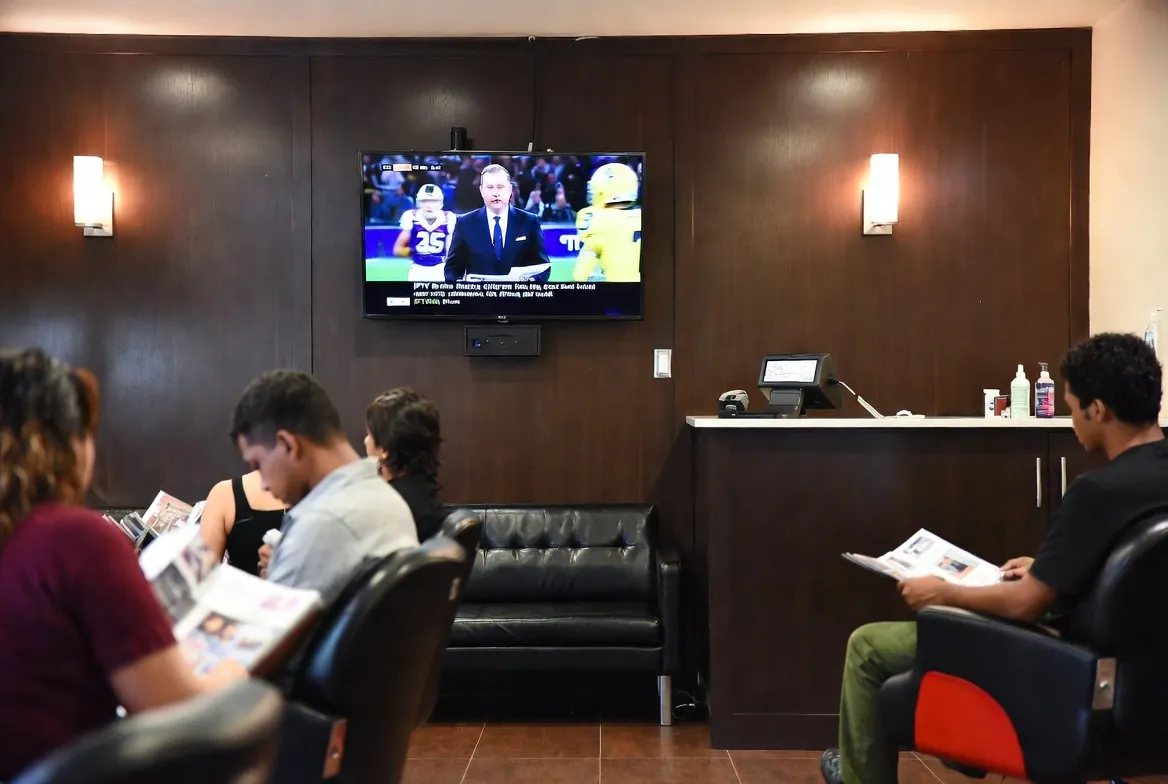 Barbershop waiting area with clients watching live sports on IPTV