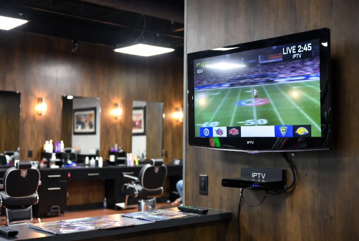 IPTV TV showing live football in a barbershop with IPTV box