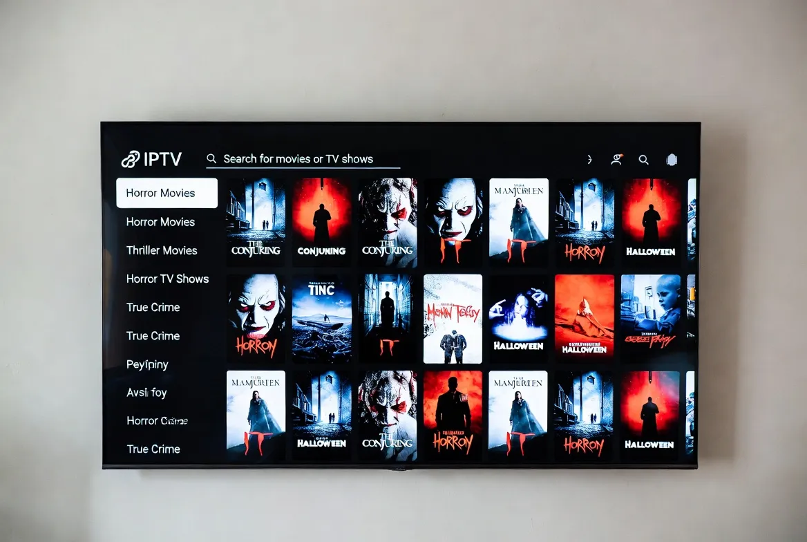 TV showing a grid of horror movie posters on an IPTV streaming app