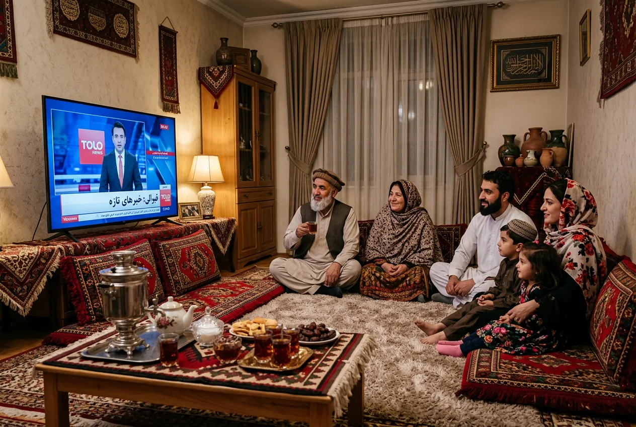 Afghan family watching Tolo News in traditional living room with samovar tea
