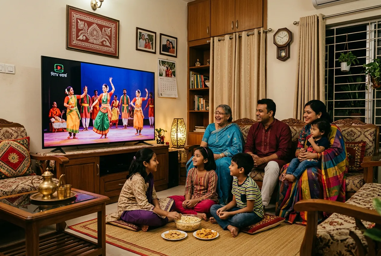 Bangladeshi family watching BTV cultural program in traditional Dhaka home