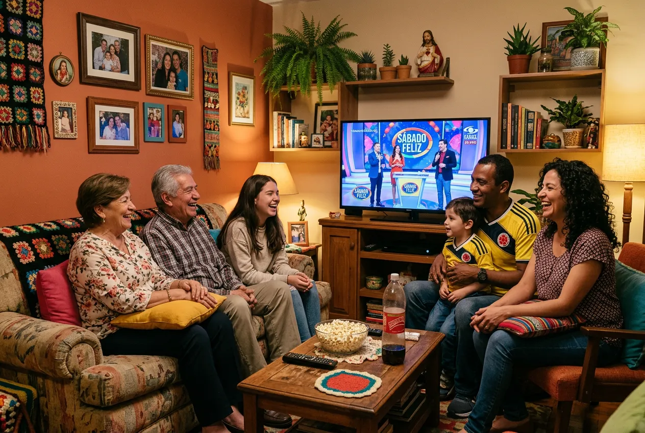 Colombian family watching Caracol TV at home abroad