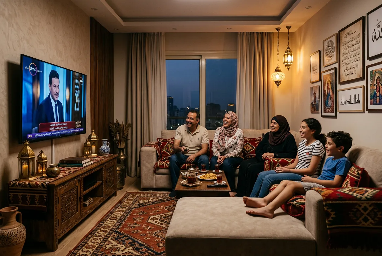 Egyptian family watching DMC channel news together in a Cairo-style living room