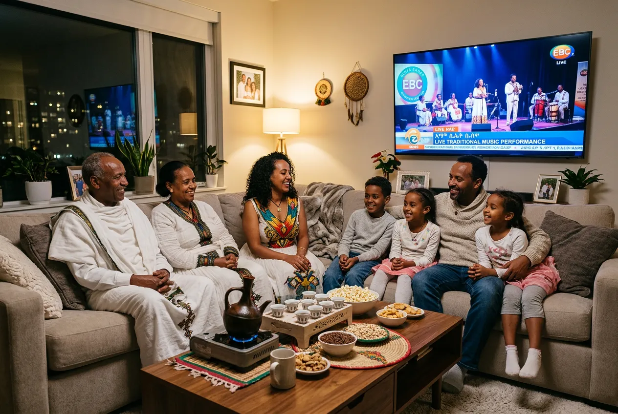 Ethiopian family watching EBS live music with traditional coffee ceremony