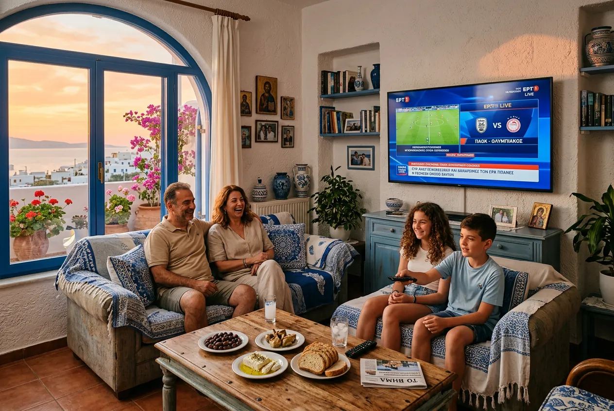 Greek family watching ERT live football from a Mediterranean home