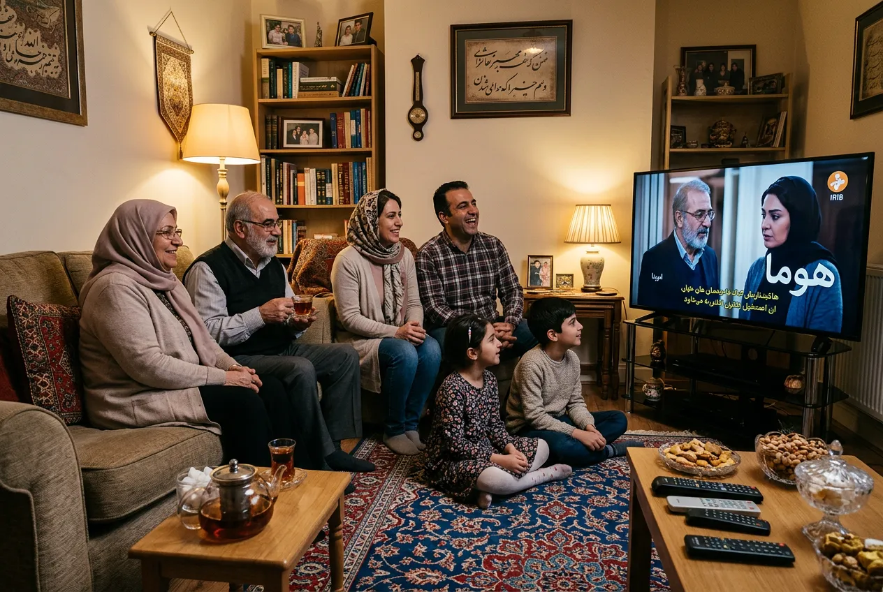 Iranian family watching IRIB Persian drama in cozy home abroad