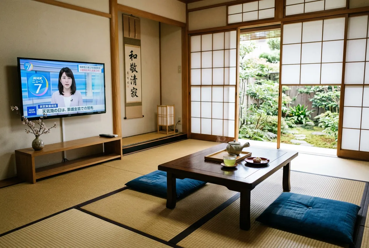Traditional Japanese tatami room with TV showing NHK news broadcast