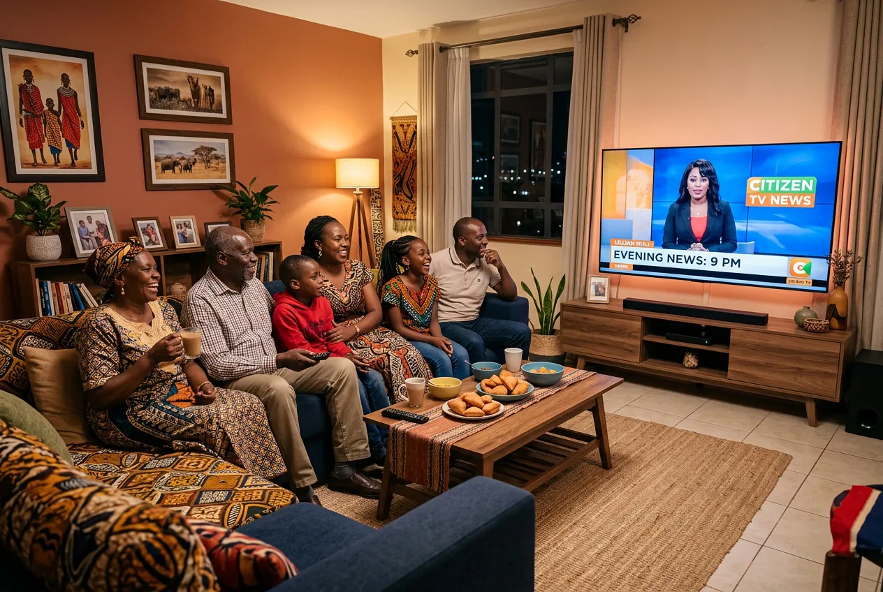 Kenyan family abroad watching Citizen TV evening news on IPTV