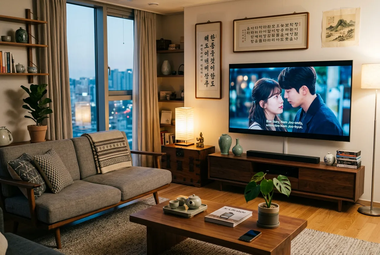 Korean expat living room watching a K-drama on KBS via IPTV