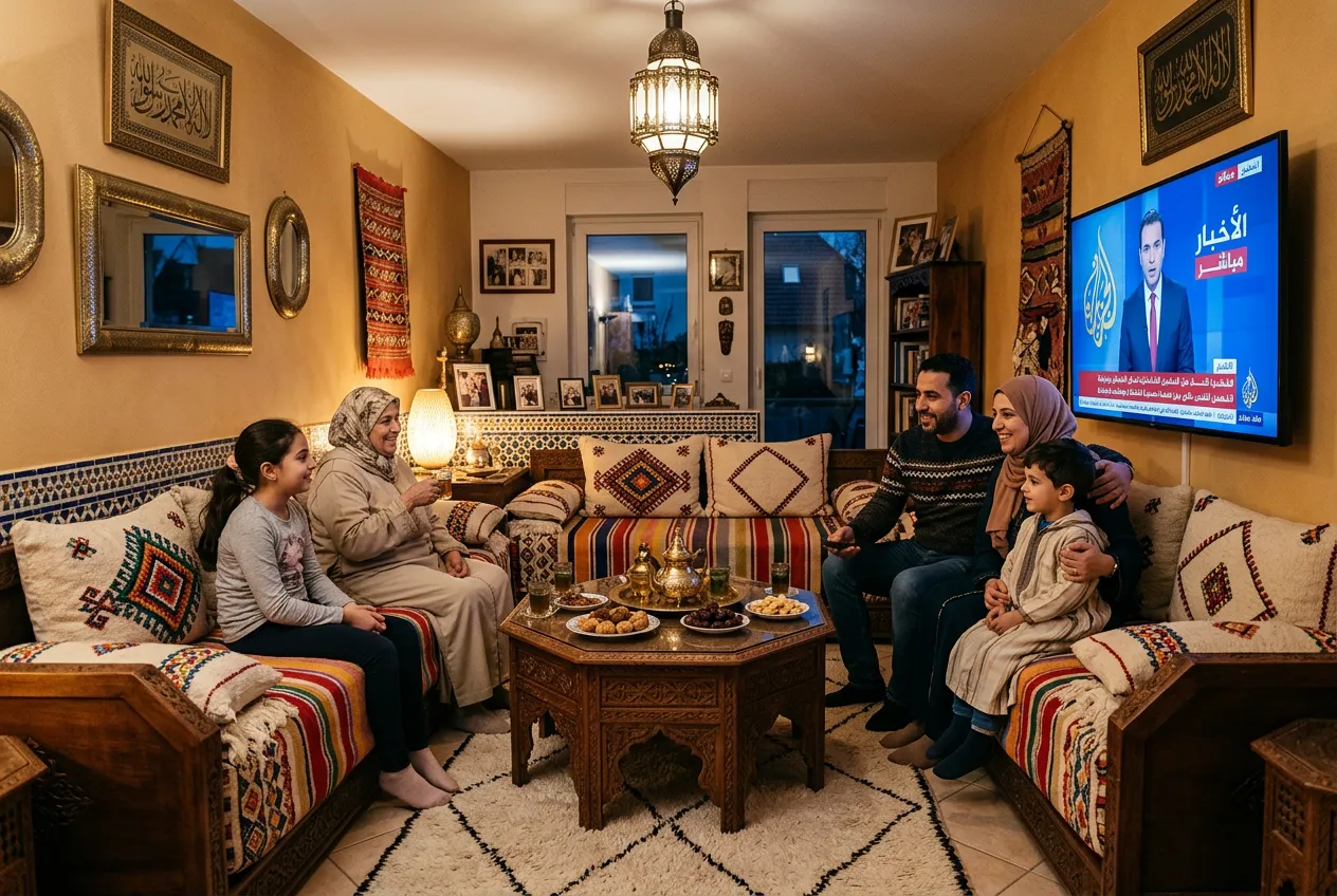 Moroccan family watching 2M and Al Jazeera in traditional living room