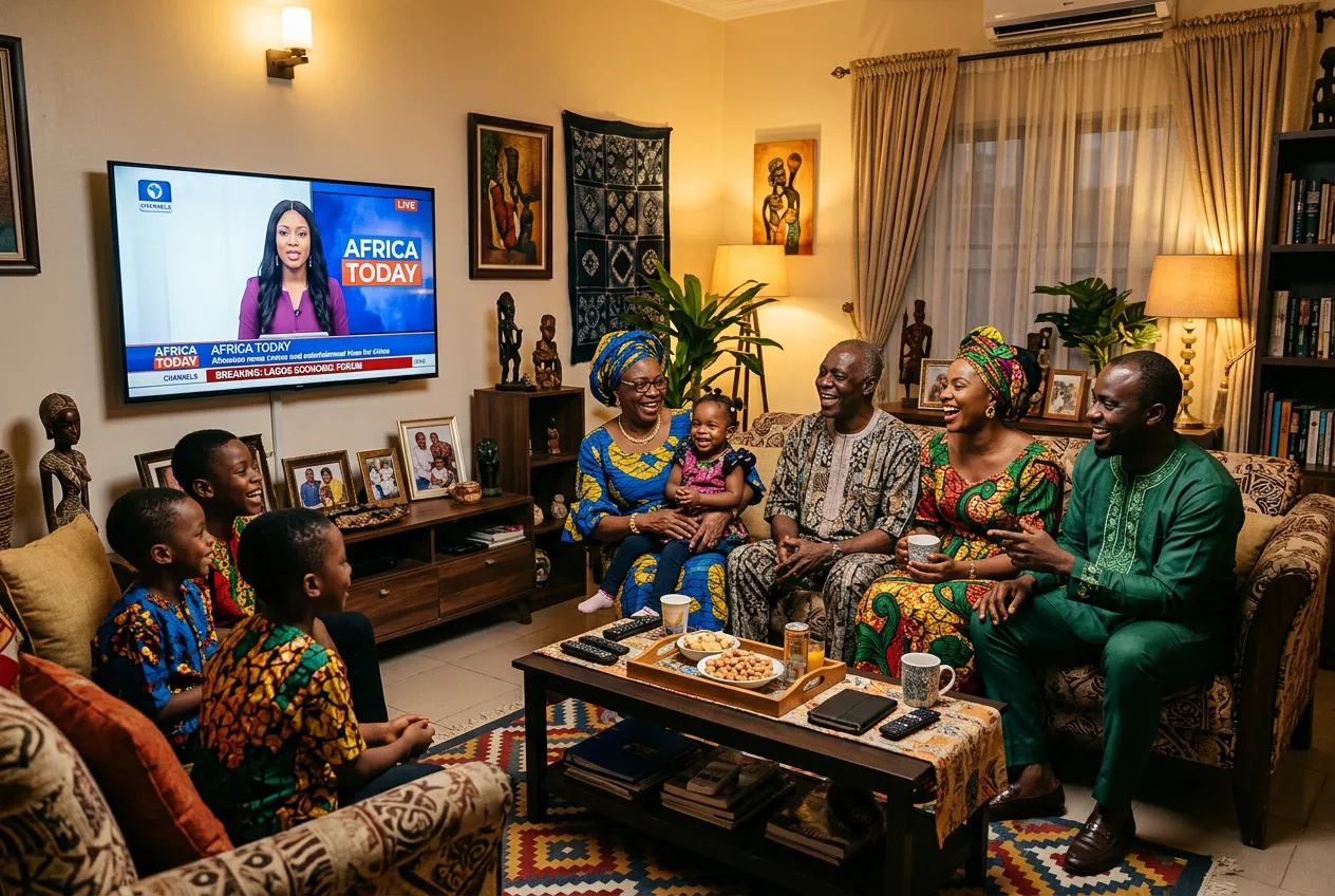 Nigerian family in traditional dress watching Channels TV news in a Lagos-style home