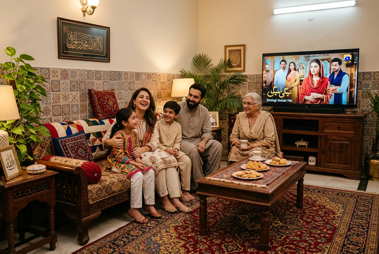 Pakistani family watching a Geo TV drama together with traditional Arabic decor