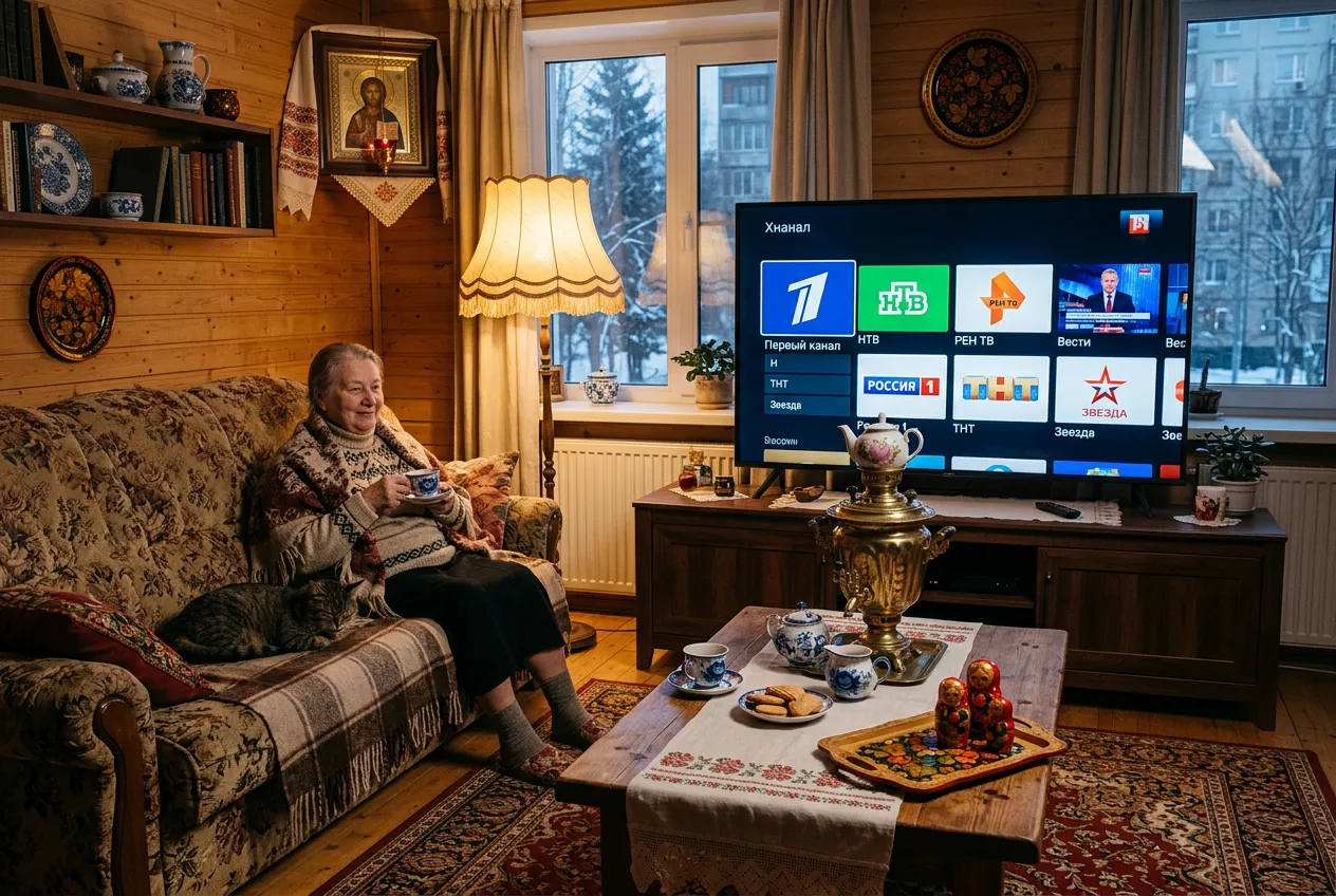Russian babushka watching Channel One with samovar tea and matryoshka dolls