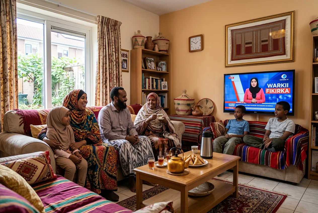 Somali family watching Universal TV news together in a cozy home