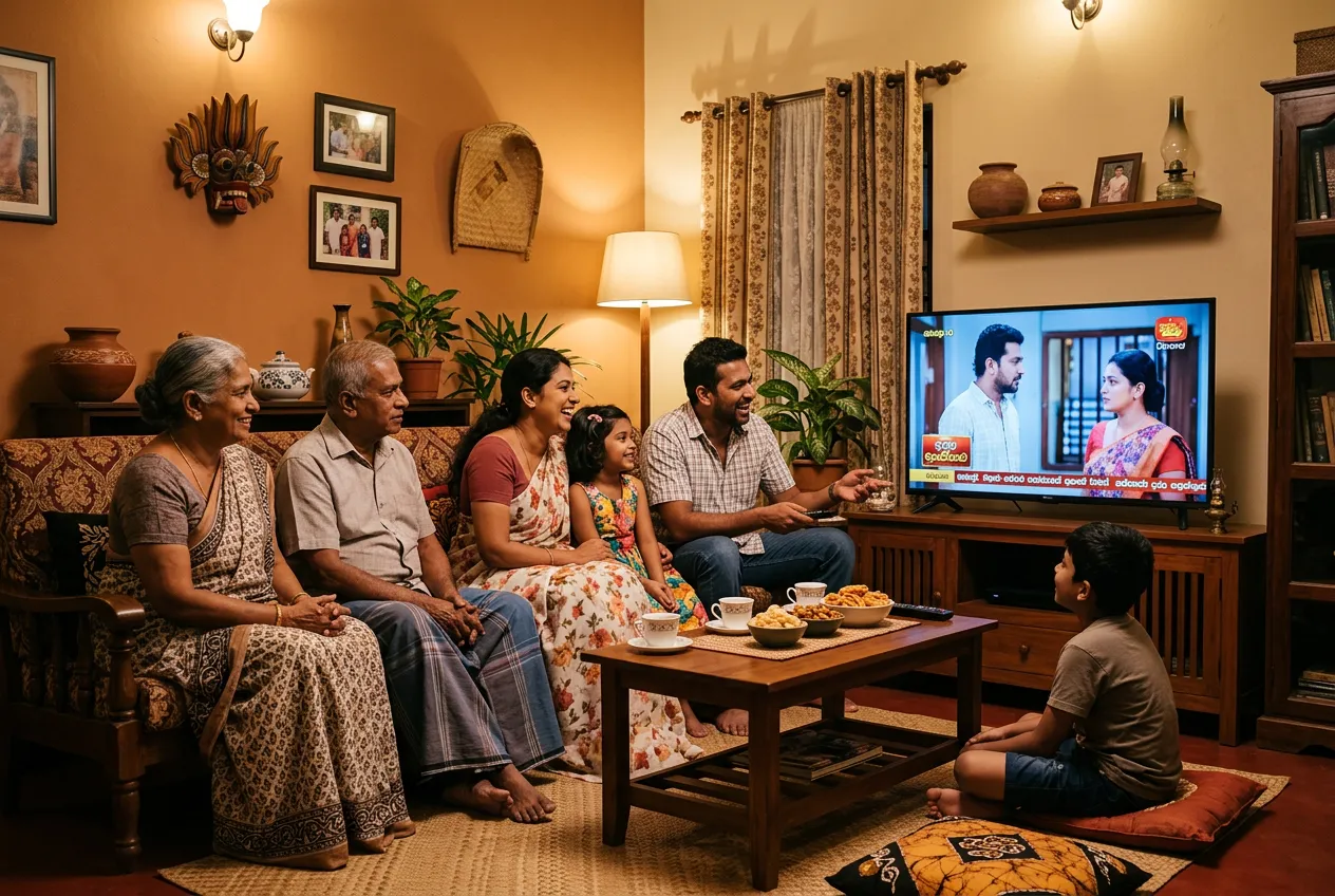Sri Lankan family watching Sirasa TV teledrama in traditional living room