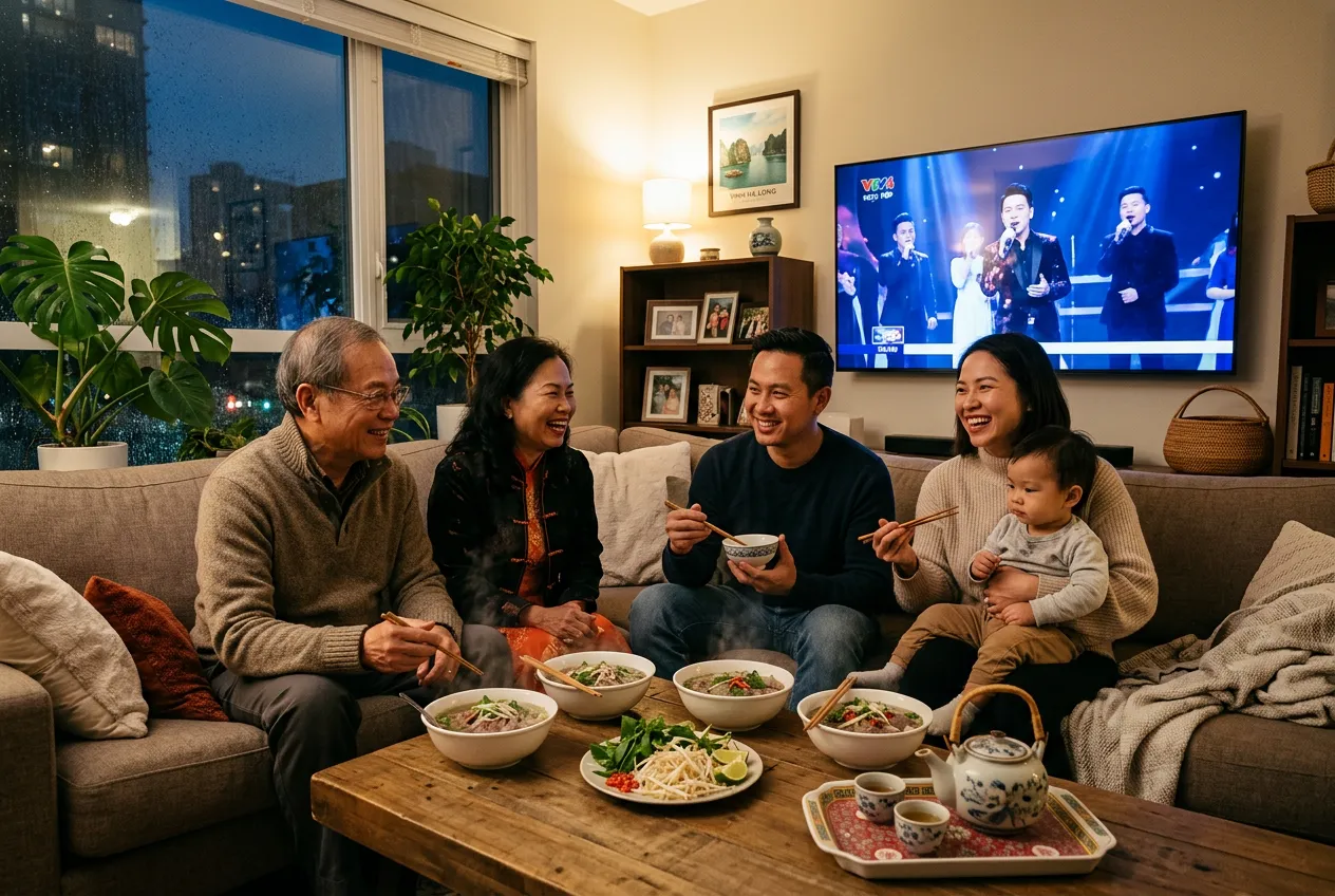 Vietnamese family watching VTV with a pho dinner in their living room