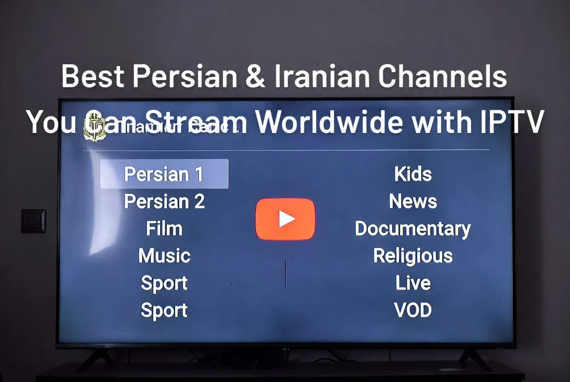 TV displaying a list of Persian and Iranian channels available on IPTV