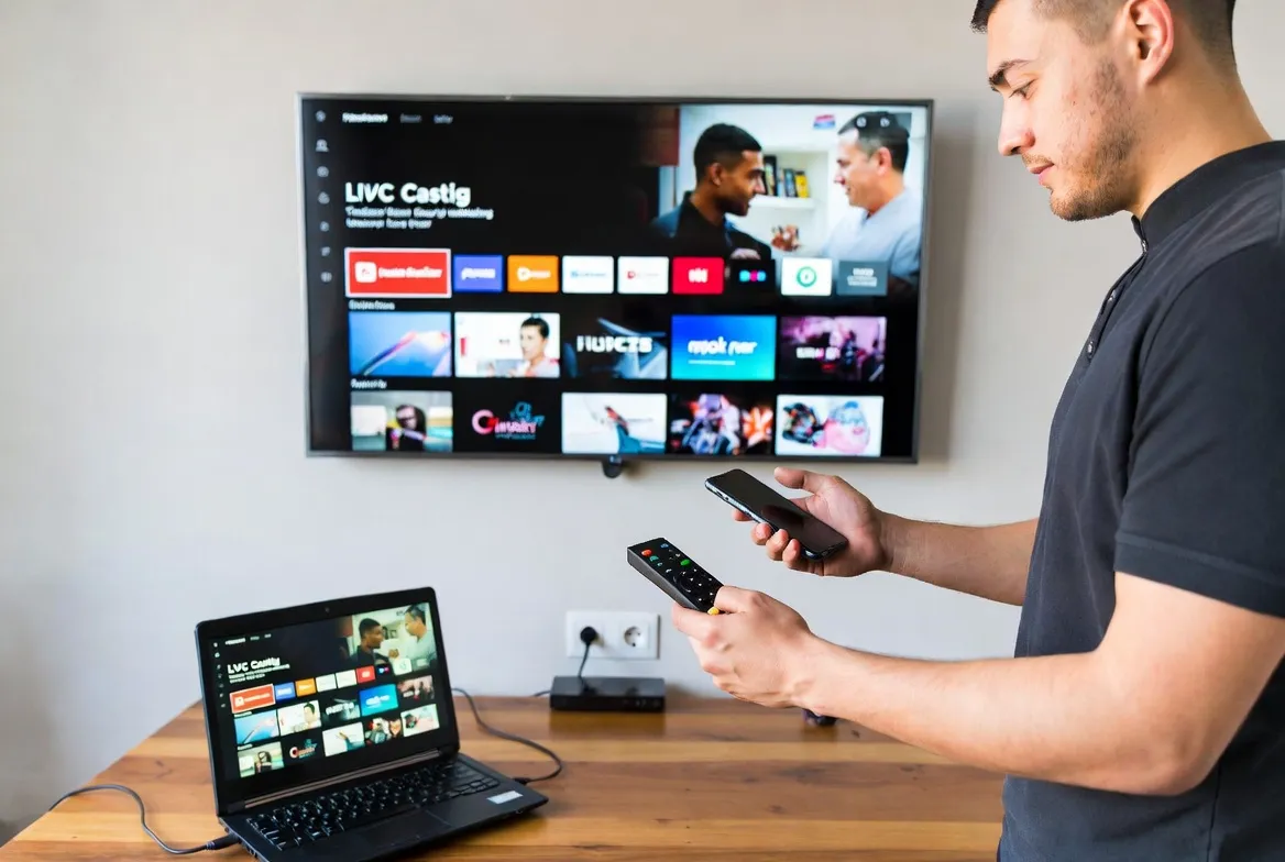 Casting IPTV from a phone and laptop to a wall-mounted TV