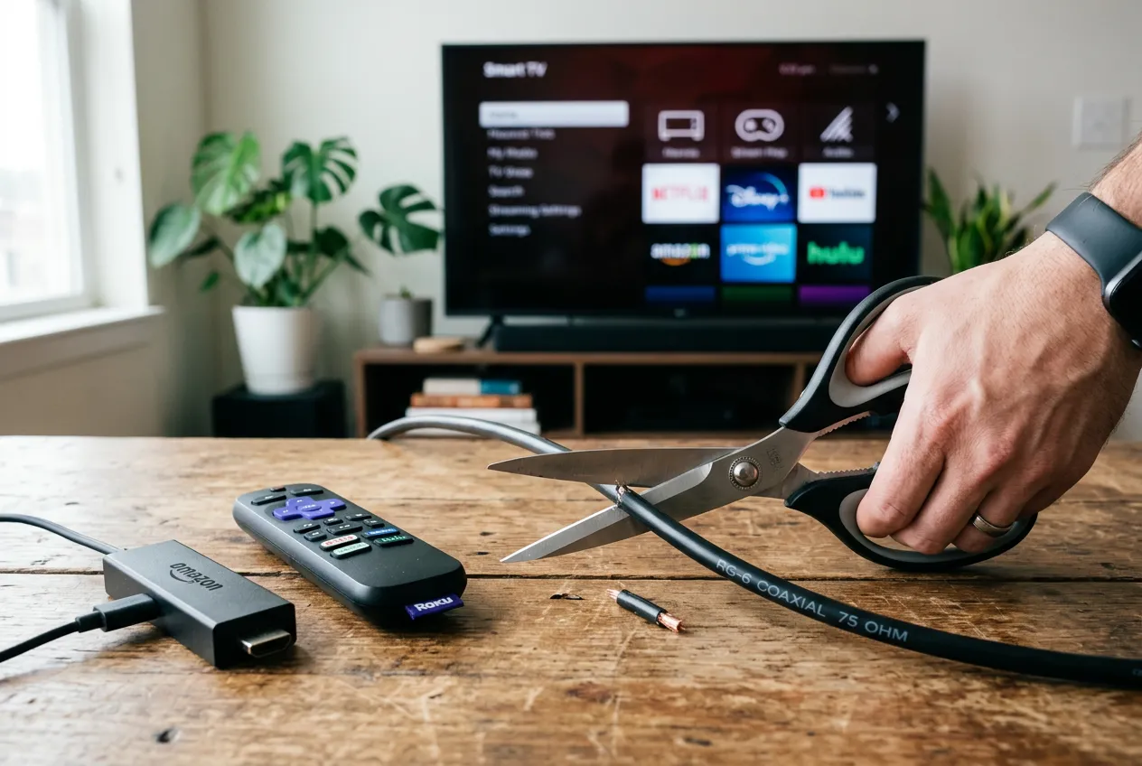 Hand cutting a coaxial cable next to a Roku remote and Fire TV stick