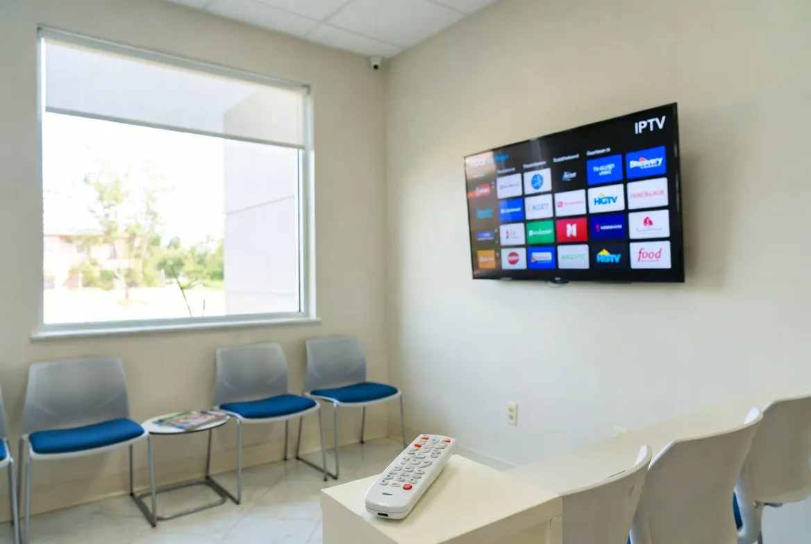 IPTV display in a modern dentist office waiting room