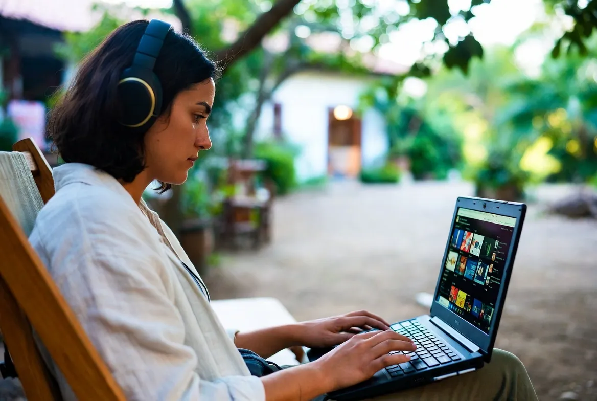 Digital nomad streaming home channels via IPTV from a tropical workspace