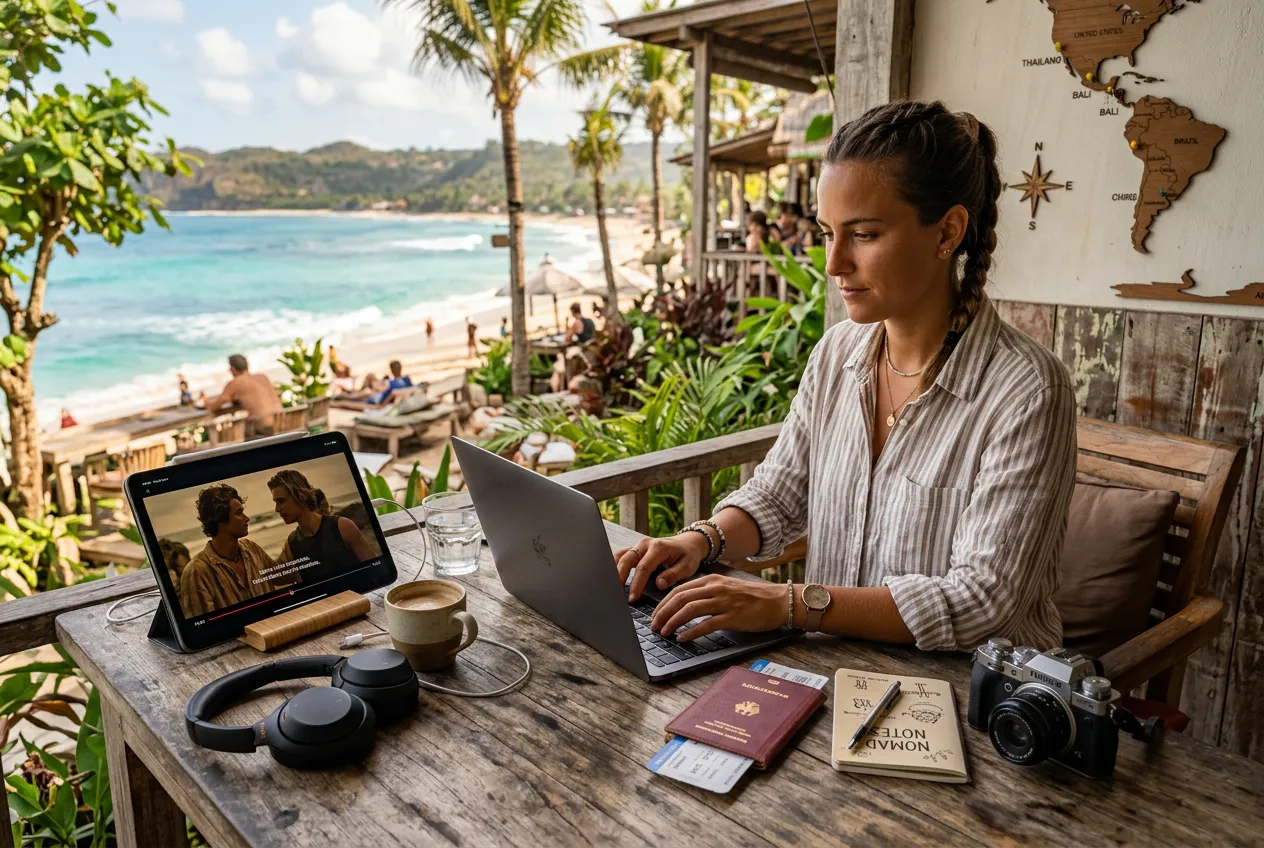 Digital nomad working from beachside cafe in Bali with IPTV streaming on tablet