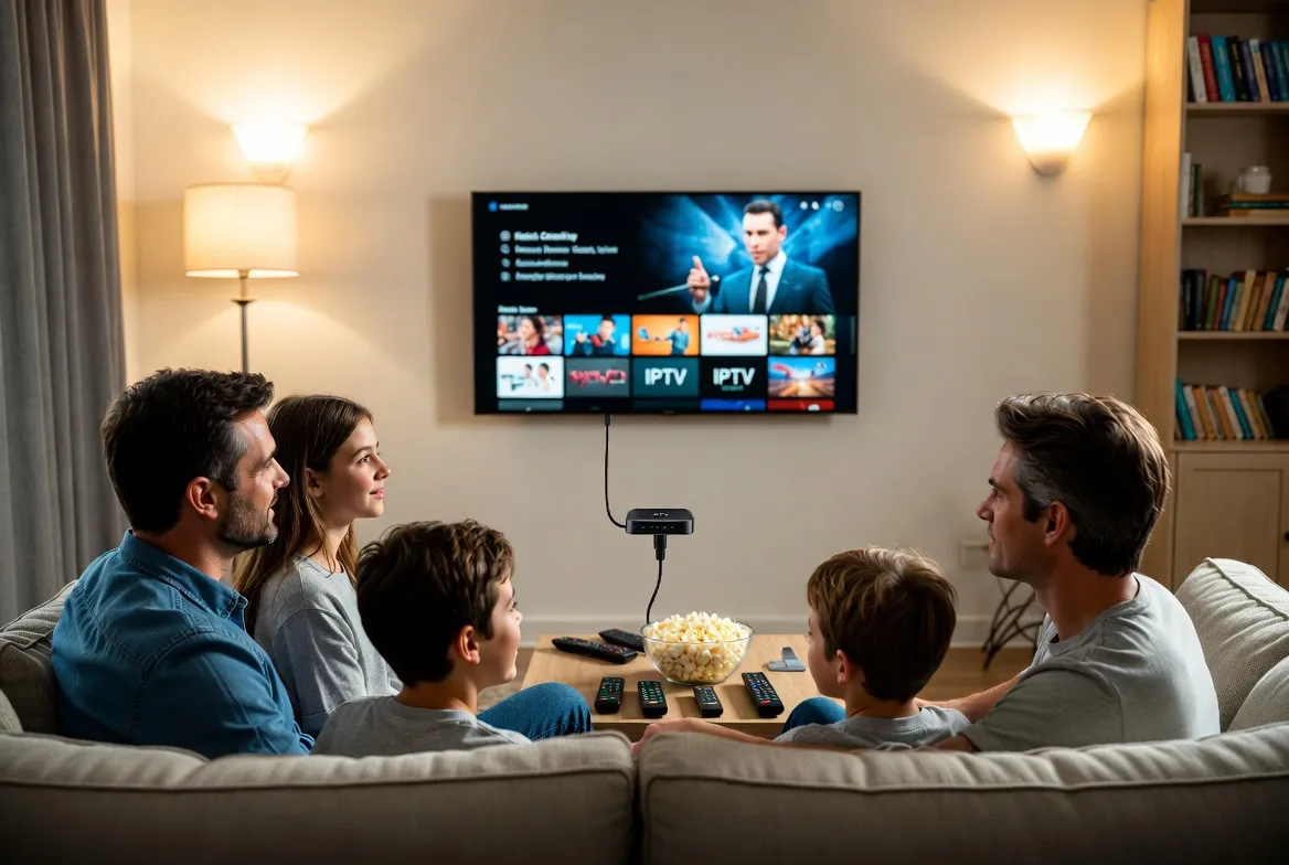 Family enjoying IPTV at home after replacing cable TV and saving $2,000/year