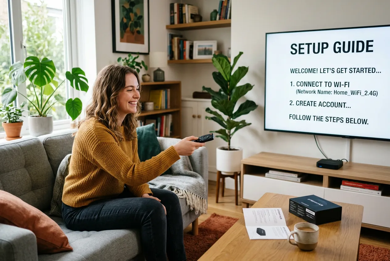 Beginner first-time IPTV user setting up streaming on smart TV with onscreen guide