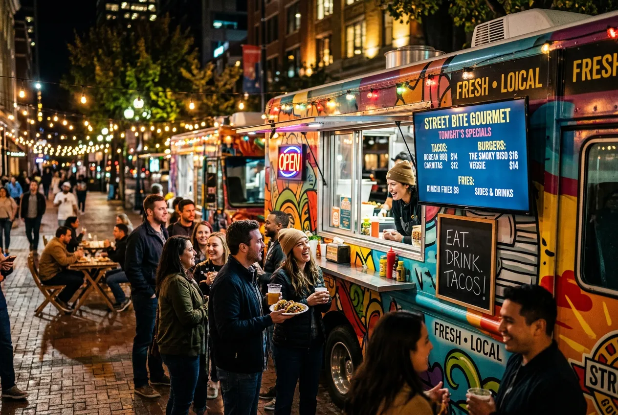 Food truck at night with bright digital menu screen attracting a queue of customers