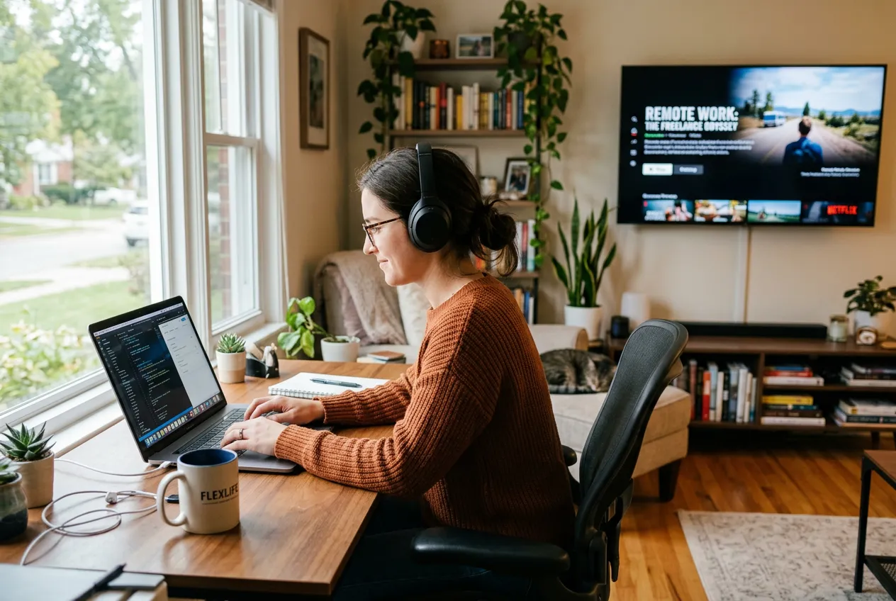 Freelancer working from home with IPTV streaming in background