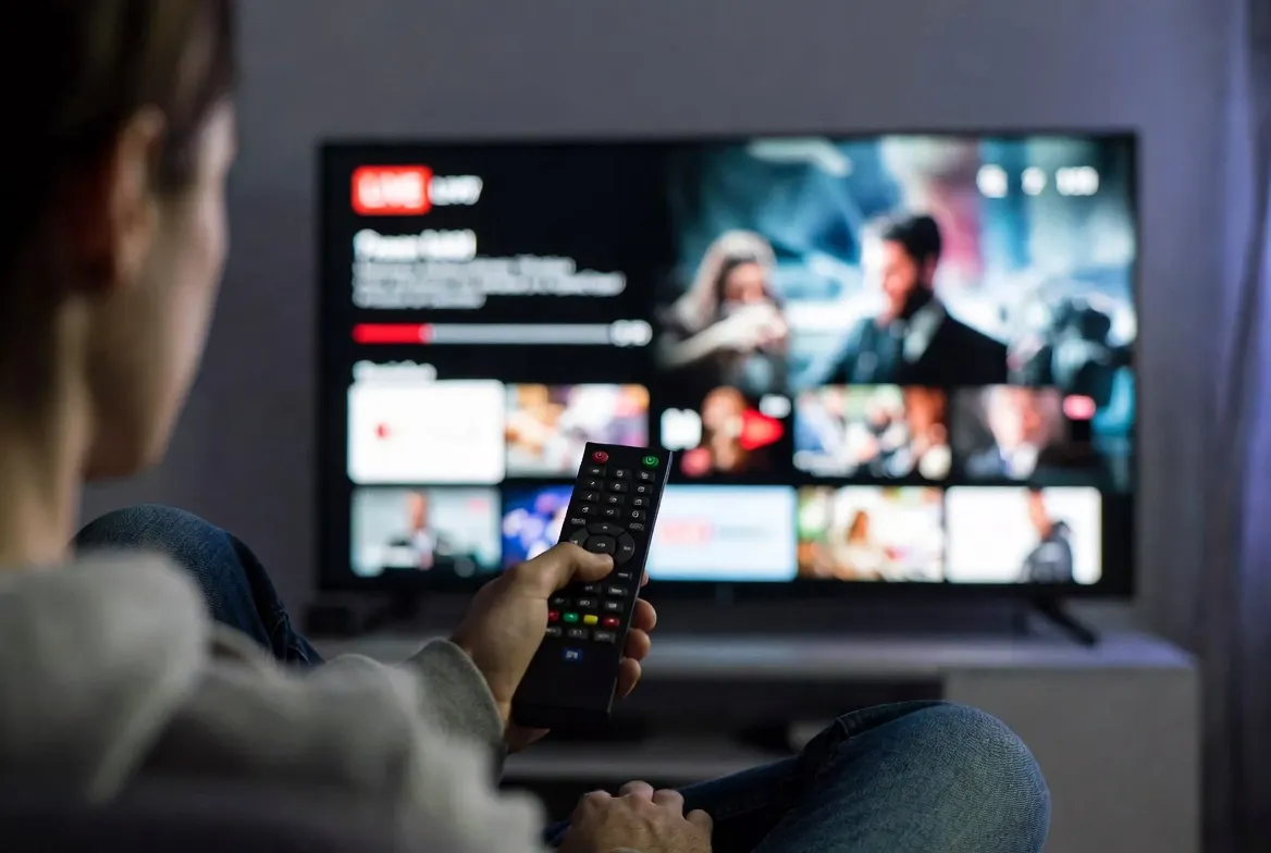 Young viewer holding a remote and browsing live TV on IPTV
