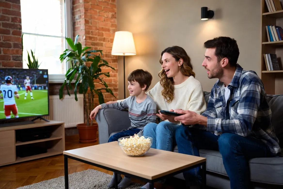 Family enjoying IPTV at home saving money