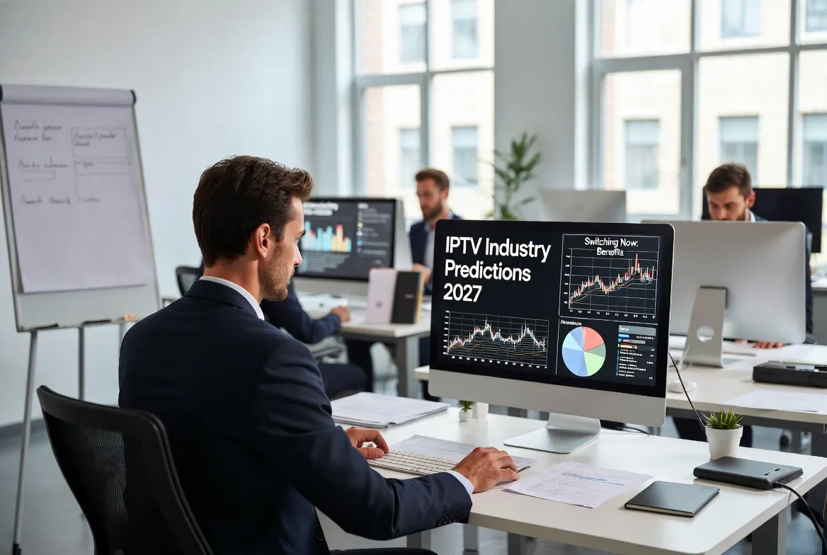 Analyst reviewing IPTV industry prediction charts for 2027 in a modern office