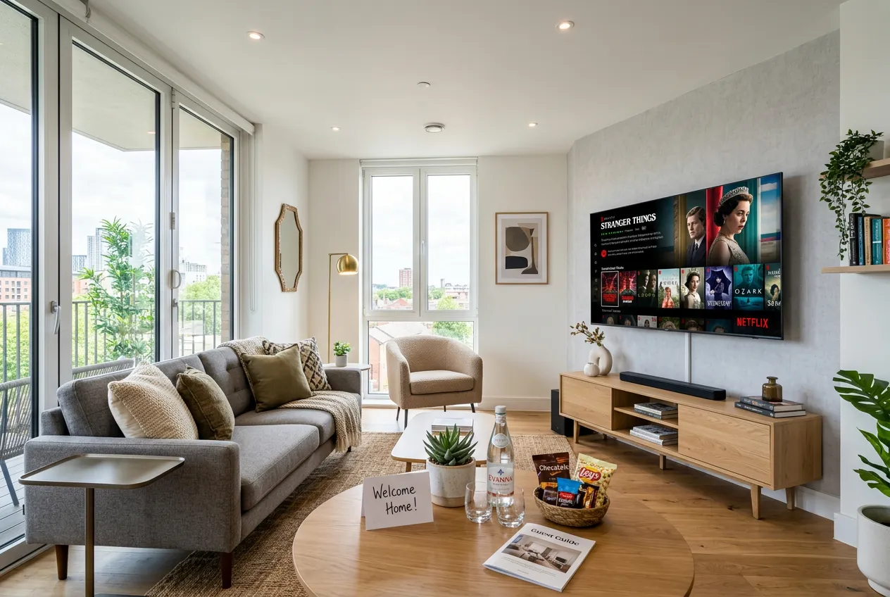 Modern Airbnb living room with smart TV showing Netflix and welcome basket