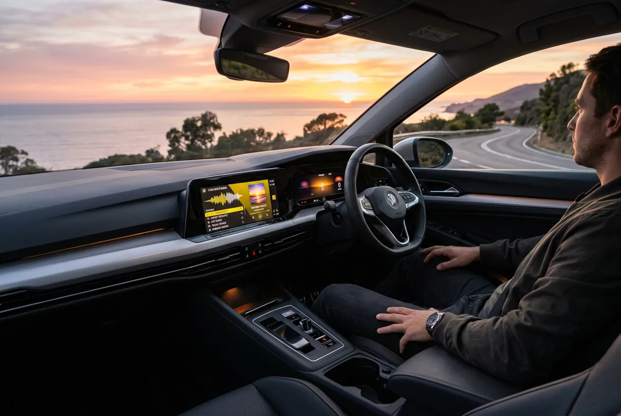 Driver listening to IPTV audio channels via Android Auto on a coastal road at sunset