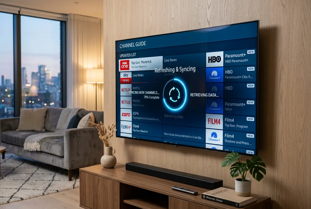 Smart TV showing IPTV channel guide auto-syncing and adding new channels