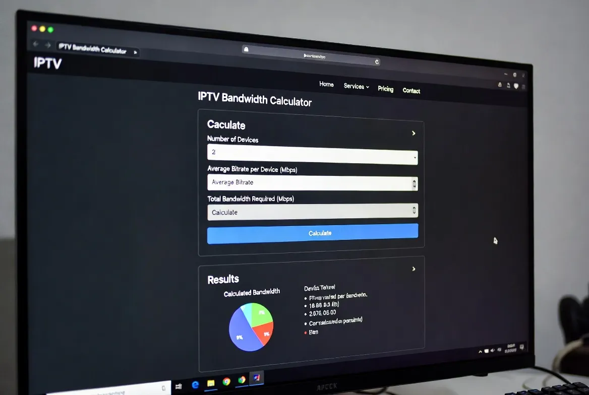 IPTV bandwidth calculator on a monitor showing required internet speed