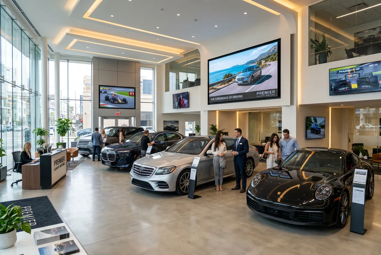 Luxury car dealership showroom with multiple IPTV displays showing F1 and brand videos