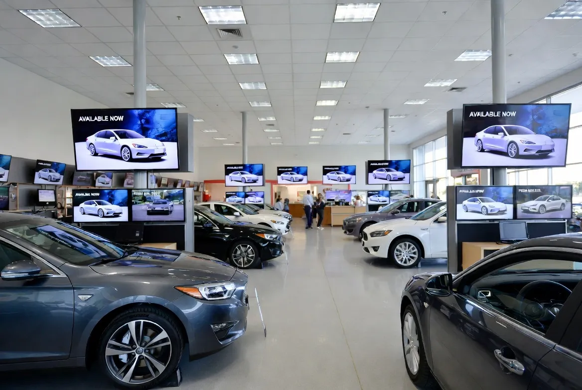 Car dealership showroom with multiple TVs running IPTV instead of cable