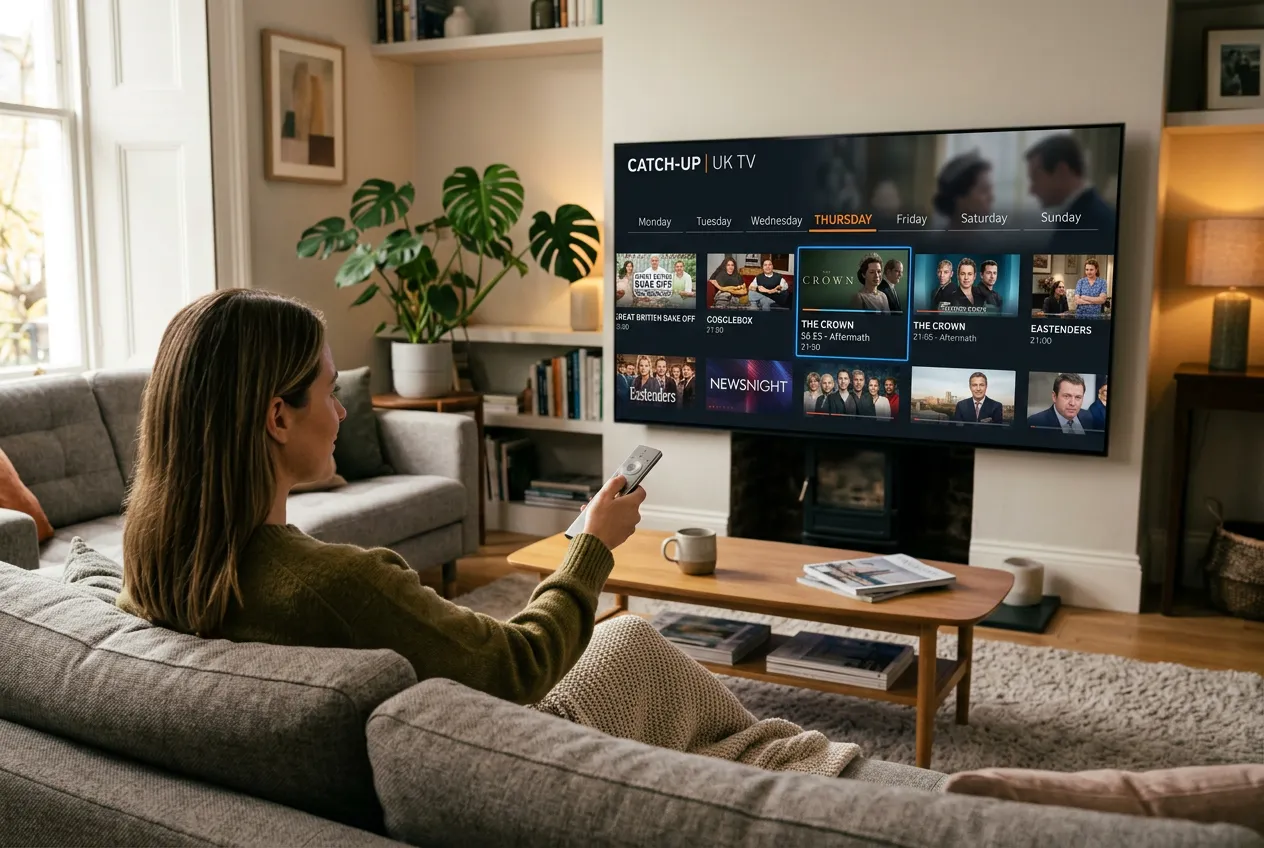 Woman browsing UK TV catch-up grid on a large smart TV