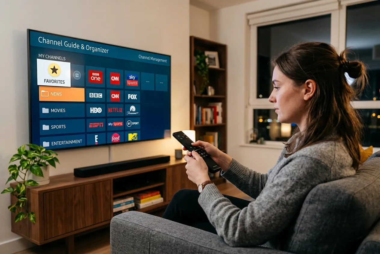 Woman organizing IPTV channels into Favorites, News, Sports folders on a smart TV