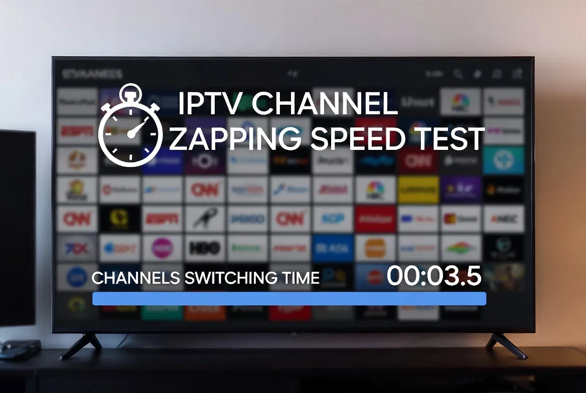 IPTV channel zapping speed test showing 3.5 second switching time vs cable