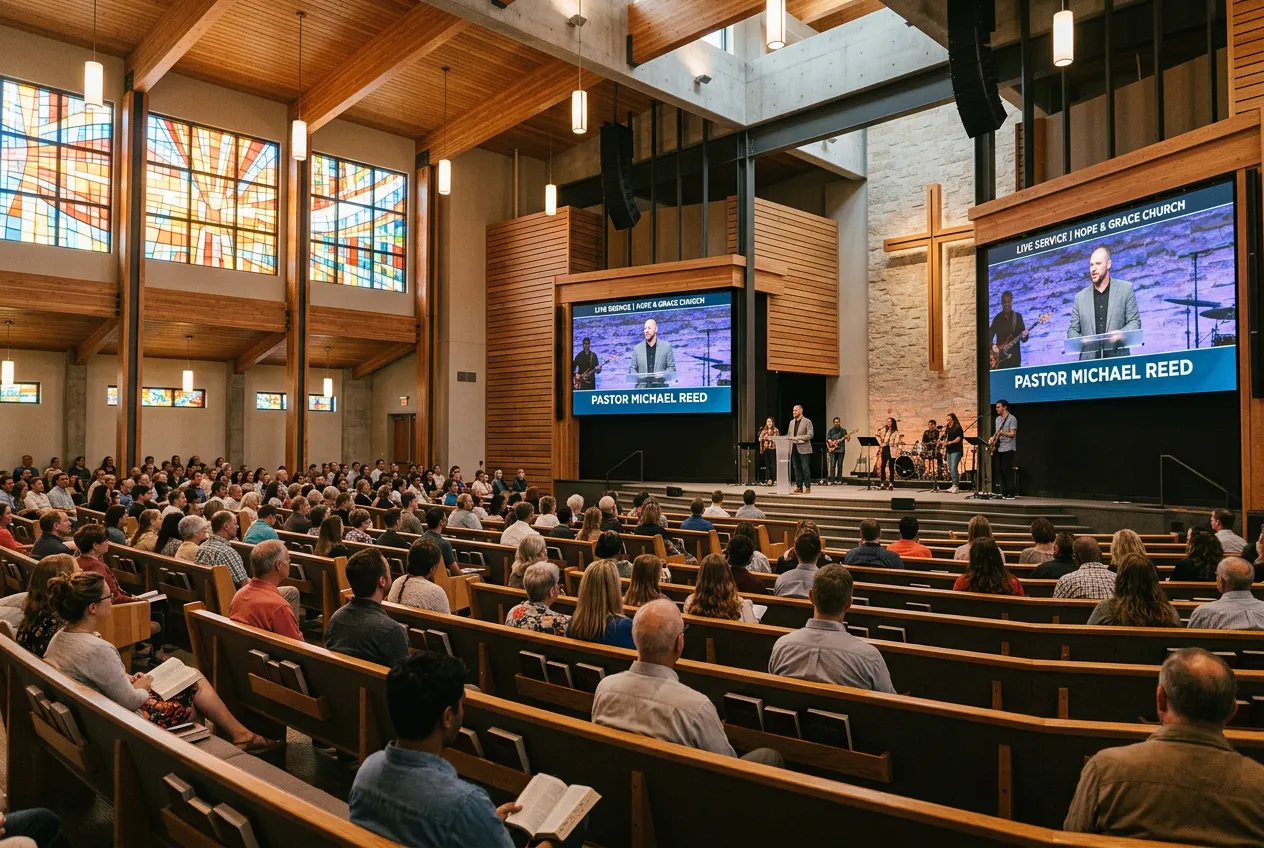 Modern church sanctuary with congregation watching pastor on large screens