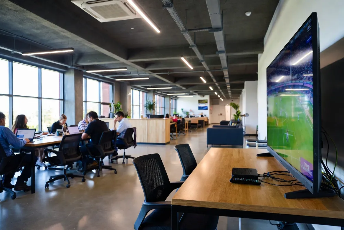 Co-working space with employees and a large TV streaming live sports via IPTV