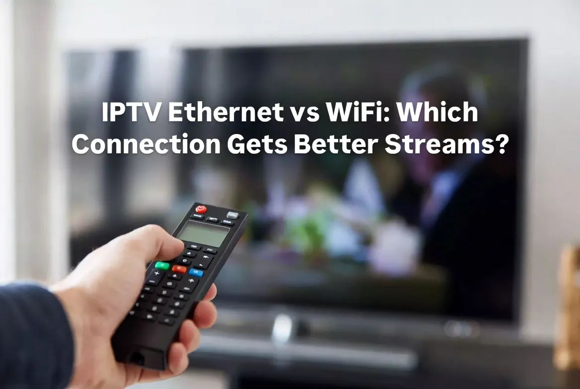 IPTV Ethernet vs WiFi connection comparison — remote pointed at smart TV streaming