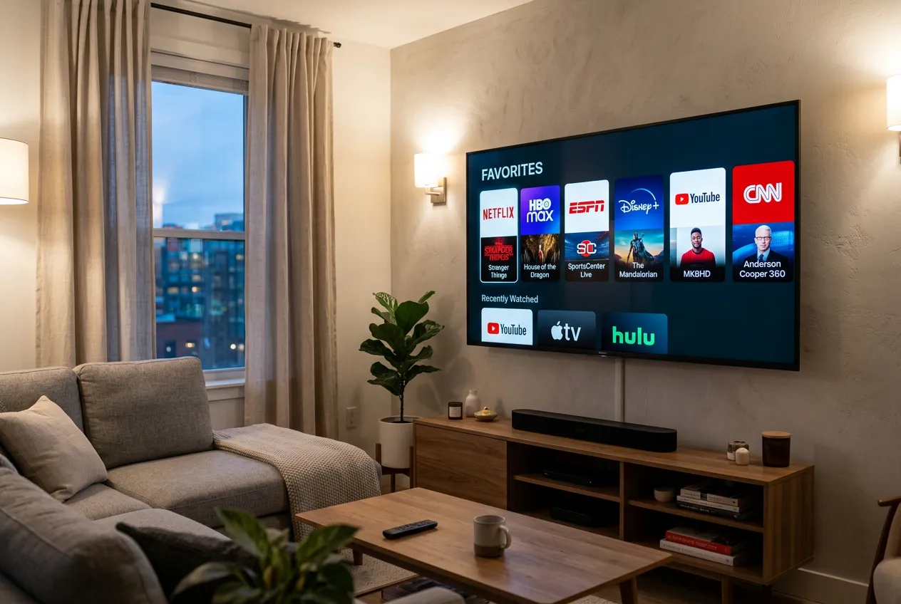 Smart TV showing IPTV favorites list with Netflix HBO ESPN Disney YouTube CNN