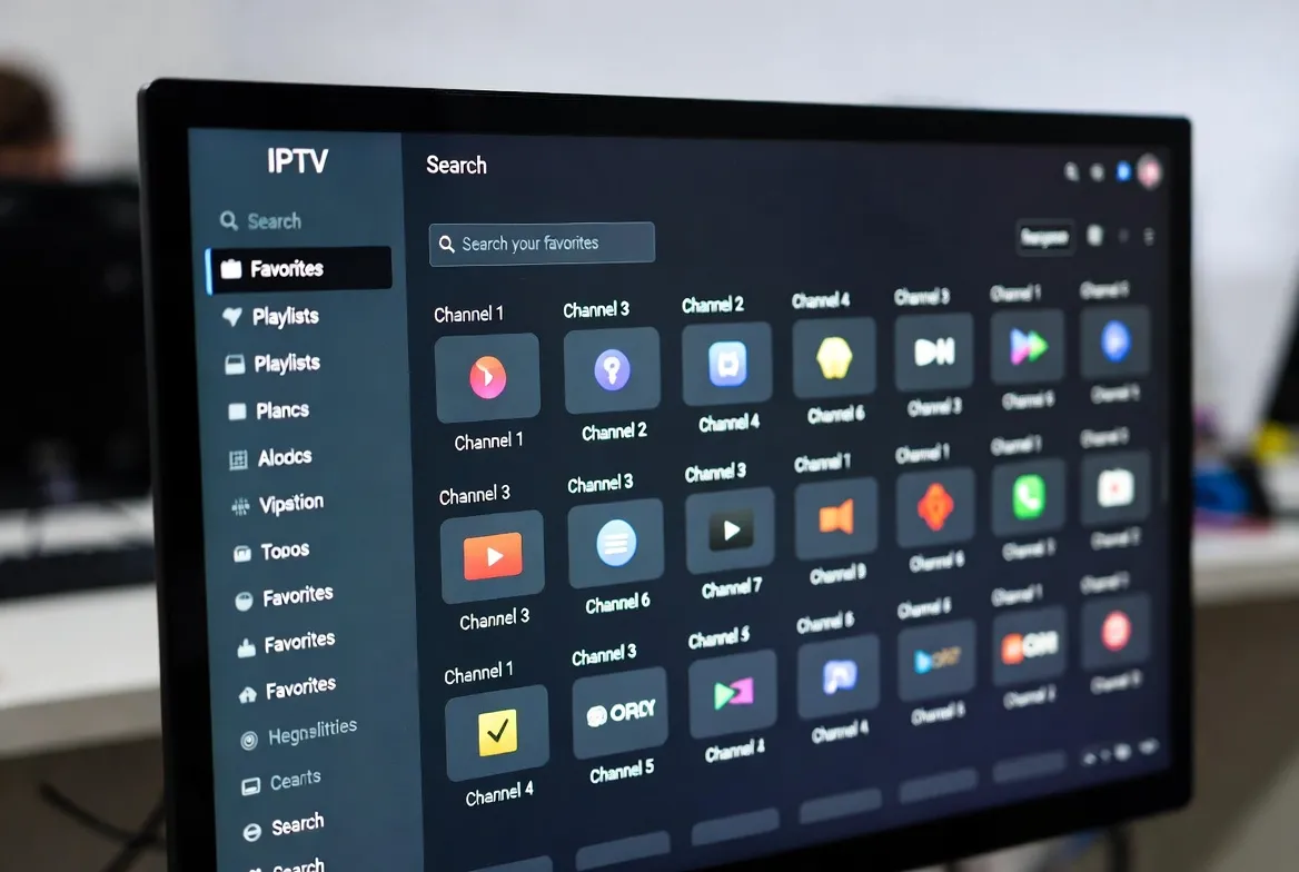 IPTV favorites and playlist manager interface on a monitor
