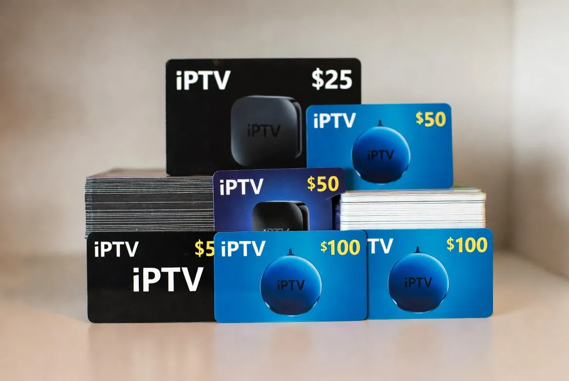 IPTV gift cards in $25, $50 and $100 denominations stacked on a desk
