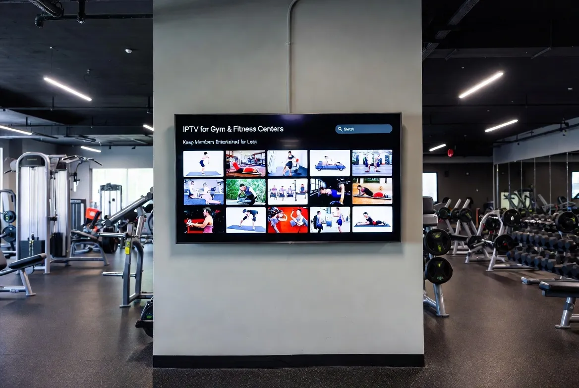 IPTV display on the wall of a modern gym keeping members entertained